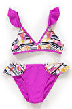 Endeep Kız Çocuk Desenli Volanlı Pembe Bikini Takımı