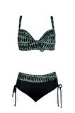 Endeep Kadın Büyük Beden Balenli Destekli Su Yeşili Desenli Bikini Takımı