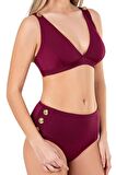 Endeep Kadın Yüksel Bel Düğme Aksesuarlı Bordo Bikini Takımı