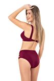 Endeep Kadın Yüksel Bel Düğme Aksesuarlı Bordo Bikini Takımı