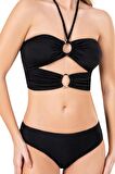 Endeep Kadın Halka Aksesuarlı Dokulu Siyah Bikini Takımı