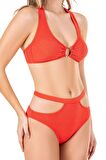 Endeep Kadın Aksesuarlı Cut Out Detaylı Nar Çiçeği Bikini Takımı