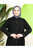 Siyah Taş Işlemeli Fermuarlı Büyük Beden Kadın Ferace - Meryem Ferace