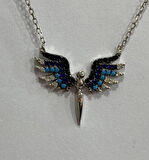 Melek Kanatlı Mavi Taşlı Gümüş Şans Kolyesi