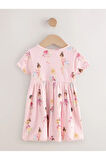 % 100 Pamuklu Pembe Balerin Desenli Kısa Kollu Elbise