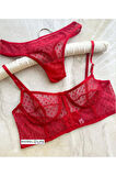 Kıırmızı Puantiyeli Brode Balenli Bra Sütyen Iç Çamaşırı Tanga Takımı