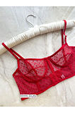 Kıırmızı Puantiyeli Brode Balenli Bra Sütyen Iç Çamaşırı Tanga Takımı