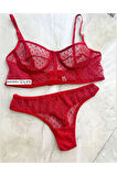 Kıırmızı Puantiyeli Brode Balenli Bra Sütyen Iç Çamaşırı Tanga Takımı