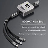 Zuidid FC151 3 Ü 1 Arada 100W 3A Hızlı Şarjlı 1.2 Metre Geri Çekilebilir Çoklu Şarj Kablosu