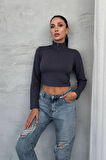 DİK YAKA YARIM FERMUARLI UZUN KOLLU CROP BLUZ