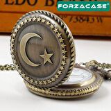 Forzacase Retro Vintage Özel Ay Yıldız İşlemeli Türk Bayraklı Köstekli Cep Saati - FC1048