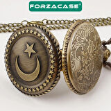 Forzacase Retro Vintage Özel Ay Yıldız İşlemeli Türk Bayraklı Köstekli Cep Saati - FC1048