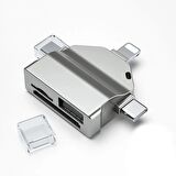 Forzacase Lightning Type-C Micro USB to USB Flash Bellek ve SD / TF Kart Okuyucu Adaptör - FC459 Gümüş