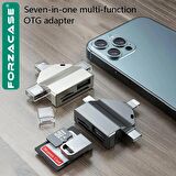 Forzacase Lightning Type-C Micro USB to USB Flash Bellek ve SD / TF Kart Okuyucu Adaptör - FC459 Gümüş