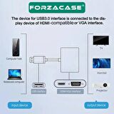 Forzacase USB 3.0 to HDMI VGA Çevirici 3.5mm Aux Destekli Adaptör Görüntü ve Ses Aktarıcı - FC498