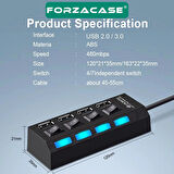 Forzacase Işıklı Düğmeli 4 Port USB 3.0 Port Çoğaltıcı Hub Switch - FC800