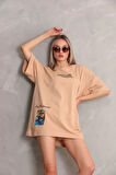 FD GİYİM Unisex Bisiklet Yaka Baskılı Oversize T-Shirt - Bej