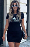 FD GİYİM Kadın Kısa Kollu Queen Baskı Iki Iplik Mini Elbise