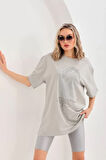 FD GİYİM Unisex Taş Desenli Oversize T-Shirt - Gri