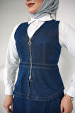 Kadın Fermuar Detaylı Kot Yelek Etek Takım İkili Jean Takım