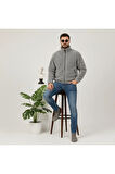 Gri, Peluş, Wellsoft Dik Yaka, Cepleri Fermuarlı, Oversize Kesim, Peluş Ceket
