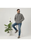Gri, Peluş, Wellsoft Dik Yaka, Cepleri Fermuarlı, Oversize Kesim, Peluş Ceket