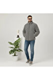 Kül Rengi, Peluş, Wellsoft Dik Yaka, Cepleri Fermuarlı, Oversize Kesim, Peluş Ceket