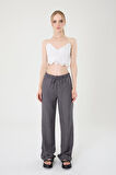Kadın Gri Keten Karışımlı Bol Kesim Pantolon