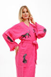 Müslin Kimono %100 Pamuklu Leopar Baskılı Desenli Bornoz Kaftan Sabahlık