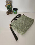 Shell Stitch Model,  Suni Deri Astarlı, Kağıt İp, Clutch  Çanta  Yeşil