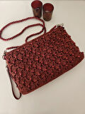 Ahşap Boncuklu,  Suni Deri Astarlı , Kağıt İp, Clutch Çanta  Bordo