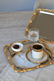GÜMÜŞ GOLD İŞLEME TASARIM TEPSİ KAHVE SUNUM TEPSİSi SETİ 2 KİŞİLİK 2 ADET