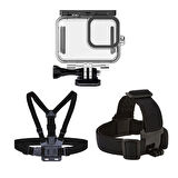 GoPro Hero 12 Uyumlu Su Geçirmez Kılıf Housing Göğüs Bandı ve Kafa Bandı 3\'lü Set