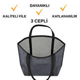 Beylini Fileli Plaj Çantası 3 Cepli Katlanabilir Dayanıklı Kolay Taşıma Geniş Piknik Gezi Çantası 35x45 CM