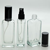 20 ADET BOŞ CAM PARFÜM ŞİŞE, 50 ML, OVAL DİKDÖRTGEN MODEL, ŞEFFAF, METAL VALF VE KAPAK
