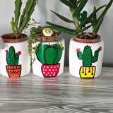 3 Lü Kaktüs Çizimli Saksı Seti