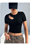 Bisiklet Yaka Asimetrik Stil Siyah Renk Fitilli Kısa Kollu Slim Fit Crop Top Bluz