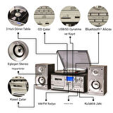 Bluetooth Cd'li Kaset USB Radyo 33-45-78 Plaklar Çalar Pikap Çift Hoparlörlü Kumandalı