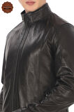 Erkek Hakiki Kuzu Derisi Mont Slim Fit Siyah Biker Ceket Fermuarlı Dik Yaka Derimont