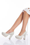 Kadın Moda Şık Beyaz Topuklu Zarif Tasarım Yüksek Topuk Düğün Nişan Gece Abiye Ayakkabısı