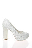 Kadın Moda Beyaz Sedef Inci Taş Işlemeli Gelin Ayakkabı Topuklu Düğün Nişan Gece Abiye Ayakkabısı