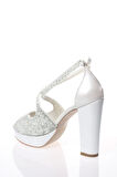 Kadın Moda Şık Gümüş Ayna Yüz İnci Taş Topuklu Zarif Tasarım Düğün Nişan Gece Abiye Ayakkabısı