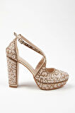 Kadın Moda Şık Gold Full Inci Taş Yüksek Topuk Düğün Nişan Gece Abiye Ayakkabısı