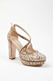 Kadın Moda Şık Gold Full Inci Taş Yüksek Topuk Düğün Nişan Gece Abiye Ayakkabısı