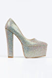 Kadın Moda Şık Full Taşlı Klasik Sivri Kalın Topuklu Platformlu Düğün Nişan Gece Abiye Ayakkabısı