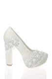 Kadın Moda Beyaz Sedef Inci Taş Işlemeli Gelin Ayakkabı Topuklu Düğün Nişan Gece Abiye Ayakkabısı