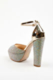 Kadın Moda Şık Gold Ayna Full Taş Yüksek Topuk Düğün Nişan Gece Abiye Ayakkabısı