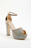 Kadın Moda Şık Gold Ayna Full Taş Yüksek Topuk Düğün Nişan Gece Abiye Ayakkabısı