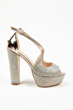 Kadın Moda Şık Gold Ayna Full Taş Yüksek Topuk Düğün Nişan Gece Abiye Ayakkabısı