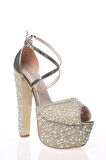 Kadın Moda Şık Gold Ayna Full Inci Taş Topuklu Düğün Nişan Gece Abiye Ayakkabısı